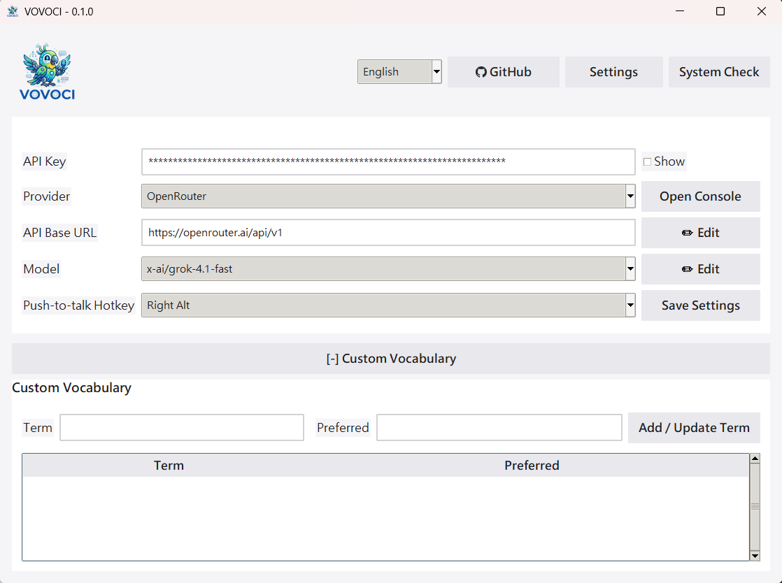 VOVOCI settings — OpenRouter provider with x-ai/grok-4.1-fast model and Custom Vocabulary panel